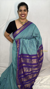 Vriksham Light Sky Color With Dark Blue Border-Vairaoosi Podi Kattam-Kalyani Cotton Saree-VS4596